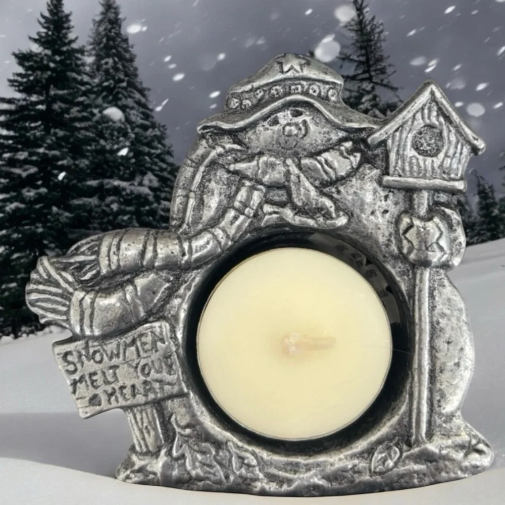 Vintage Pewter Candle Holder Snowman Christmas Winter Tea Light 90s Retro Carson